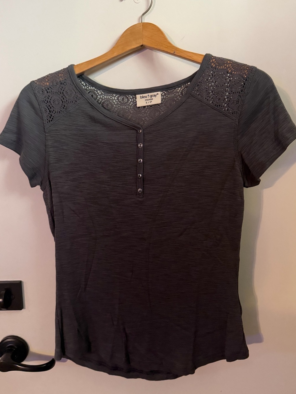 Grey Heather Lace Yoke Short Sleeve V- Neck Henley Top with buttons